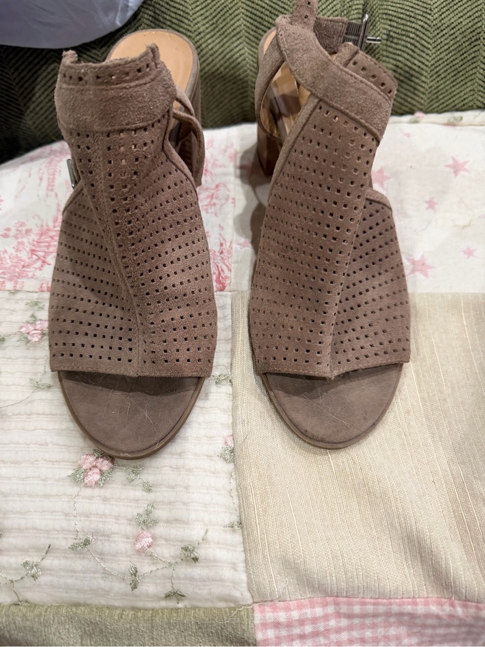 Franco Sarto Perforated Suede Open-Toe Heels in Taupe
